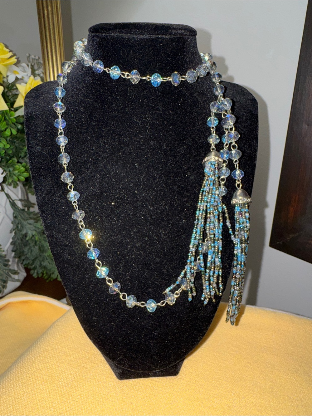 Elegant Crystal Beaded Tassel Necklace - Silver and Blue - Picture 4 of 4